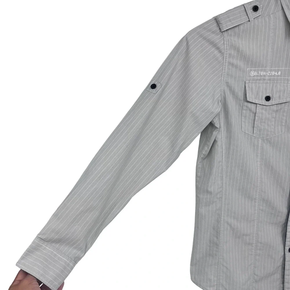 Holton Mfg Button Up Shirt Mens Medium Grey Pinstripe Long Sleeve Utility Casual